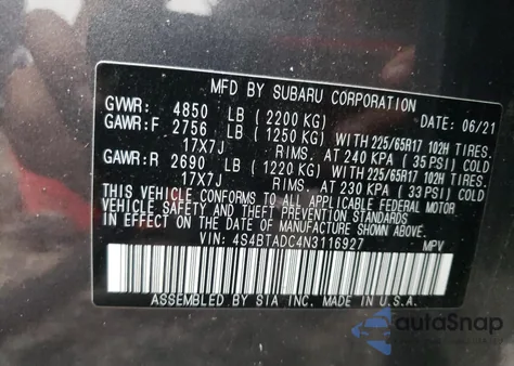 2022 Subaru Outback Premium z USA, uszkodzony, nr VIN 4S4BTADC4N3116927